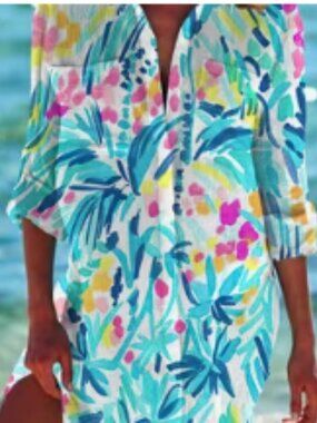 Plus Size Casual Blouse, Women's Plus Abstract Print Button Up Long Sleeve